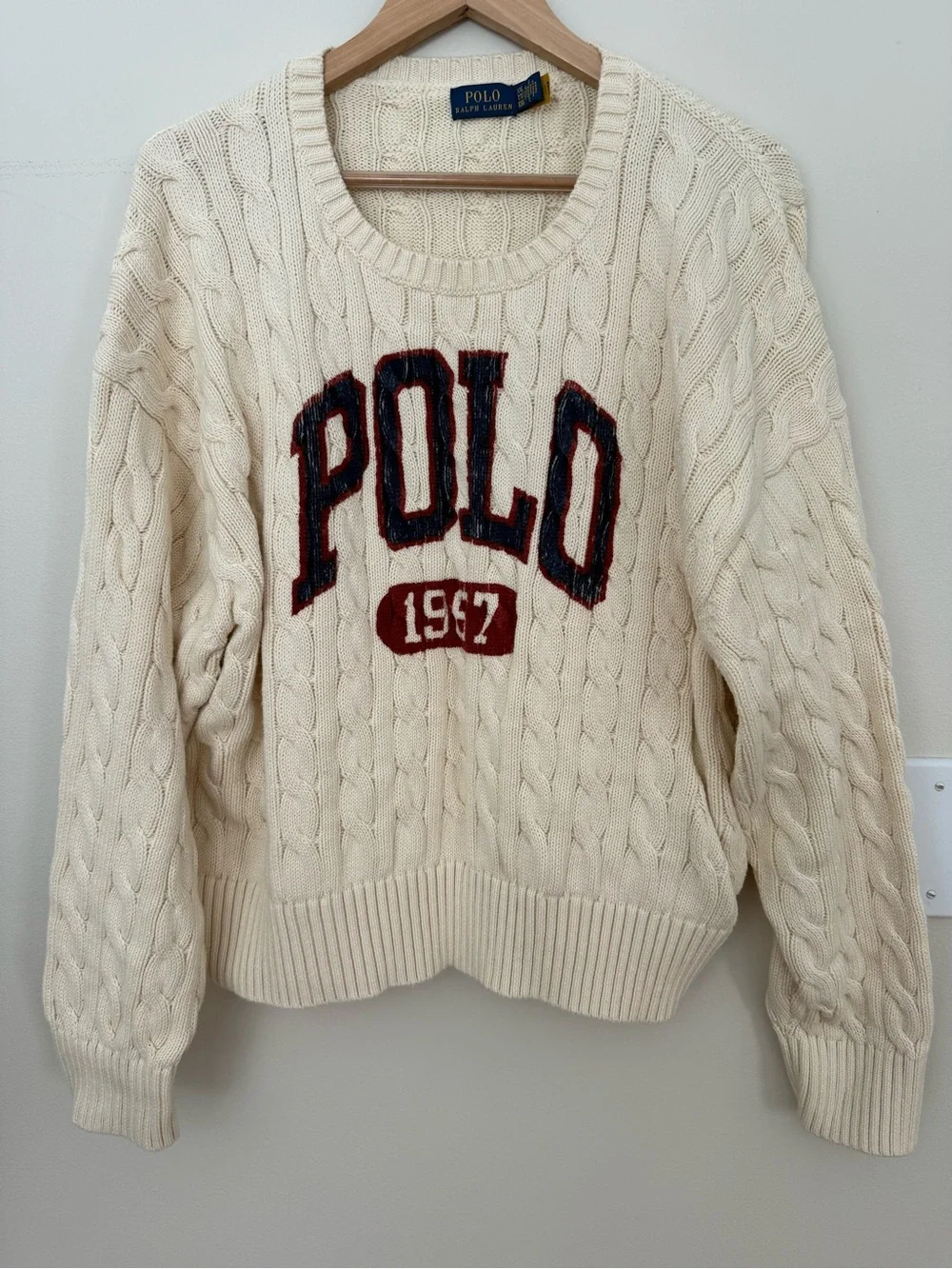 Polo Ralph Lauren Cable Knit Sweater Cream Cotton Size XXL 1967 Spellout Varsity